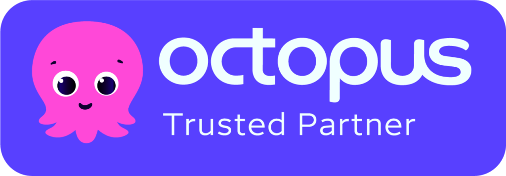 A cute pink cartoon octopus with big eyes is next to the words "octopus Trusted Partner" in white text on a purple background.